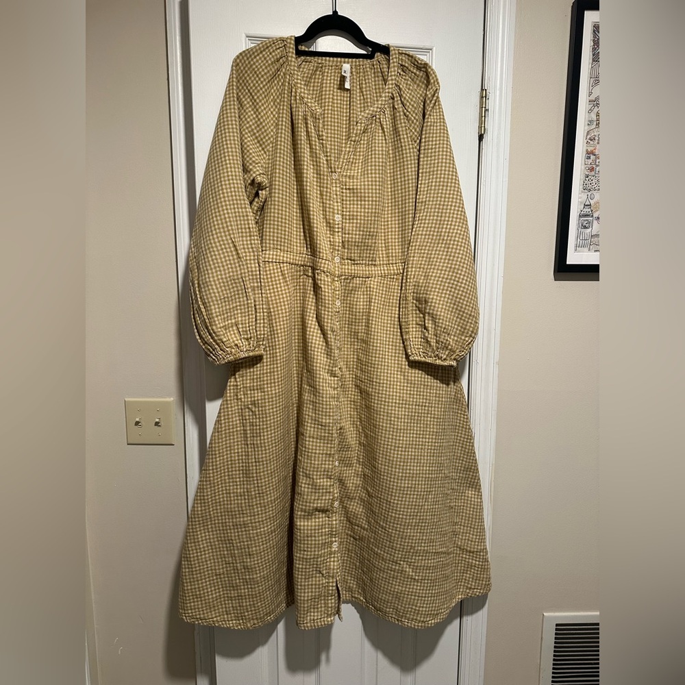 Pact Yellow Checkered Button-Up Dress